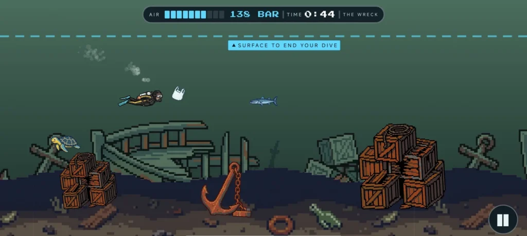 Flappy Diver gameplay at the wreck: Bob swims over a sunken ship, anchors and cargo crates