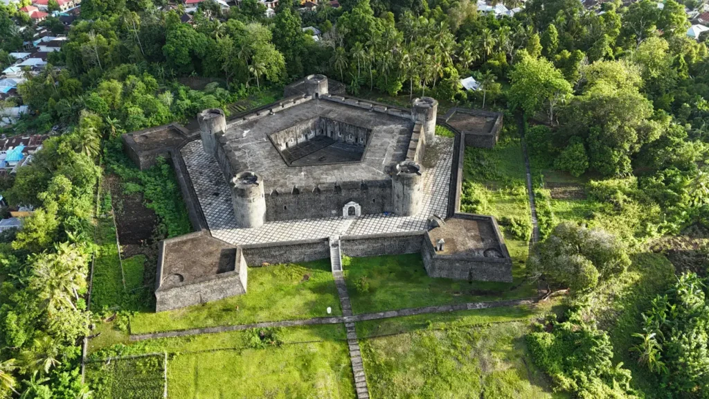 Aerial view of Fort Belgica, a five-sided stone fort on Banda Neira