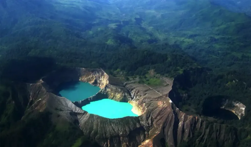 Aerial view of the Kelimutu crater lakes on Flores, two turquoise and one dark green