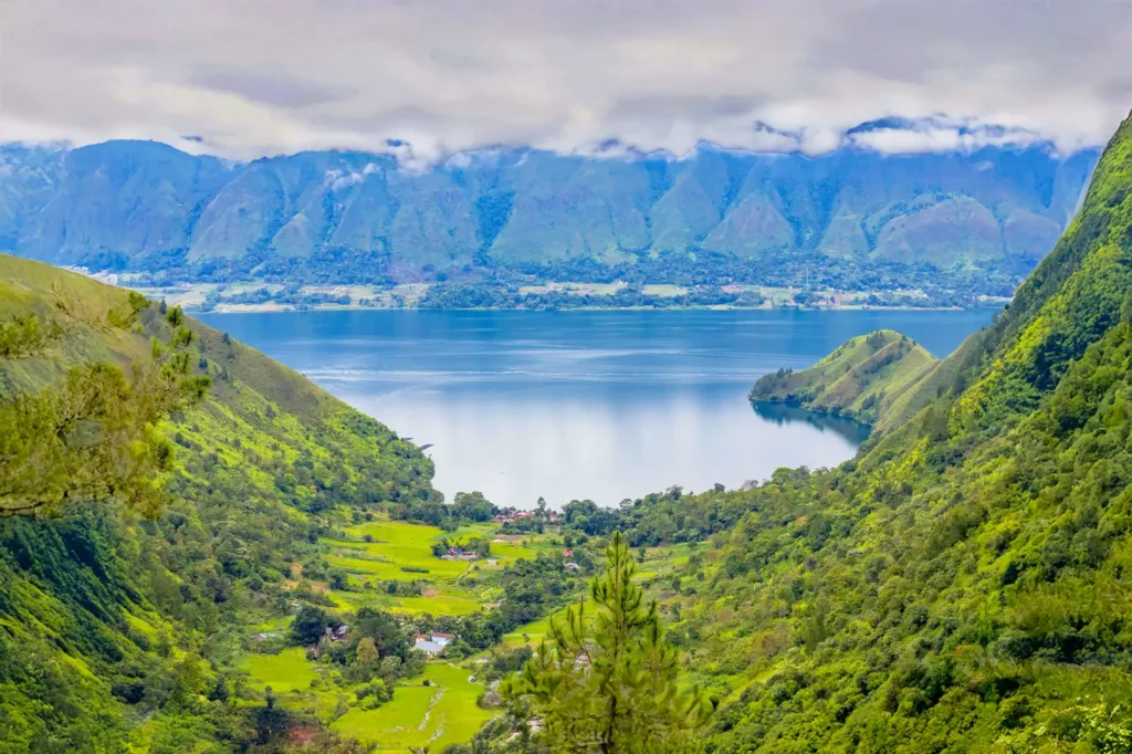 A green valley of rice fields running down to Lake Toba, with the caldera wall behind