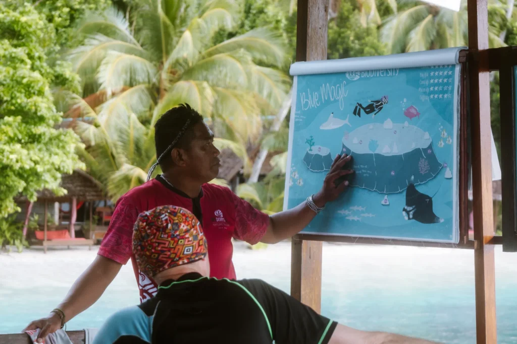 Dive guide giving a briefing on a dive-site map