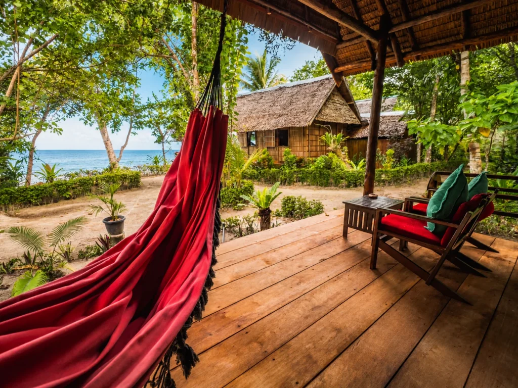 Raja Ampat Garden View Cottage balcony with a hammock, looking through the garden to the sea